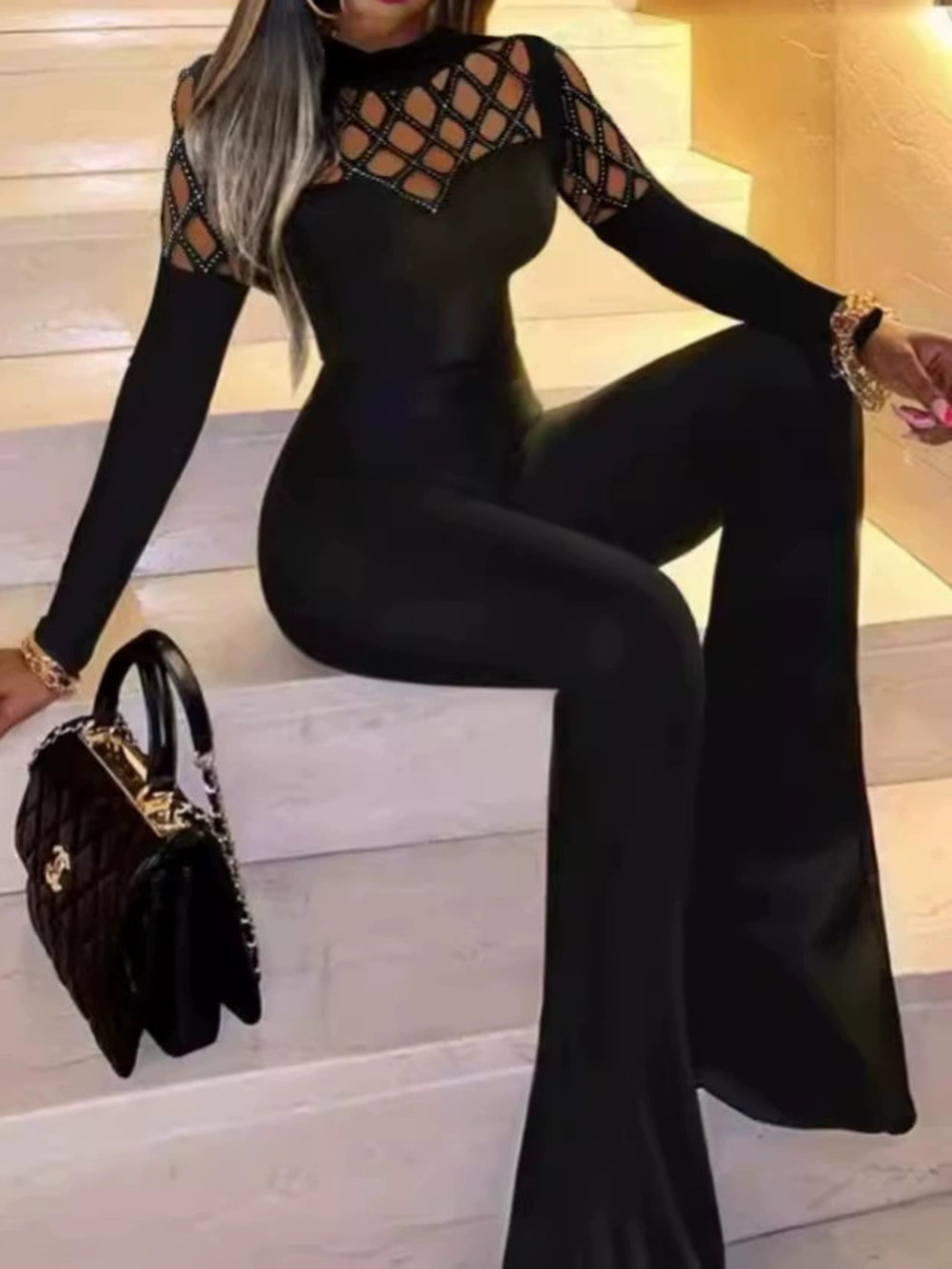 ZARA Sexy Diamond Mesh Patchwork Slim Waist Flare Jumpsuit